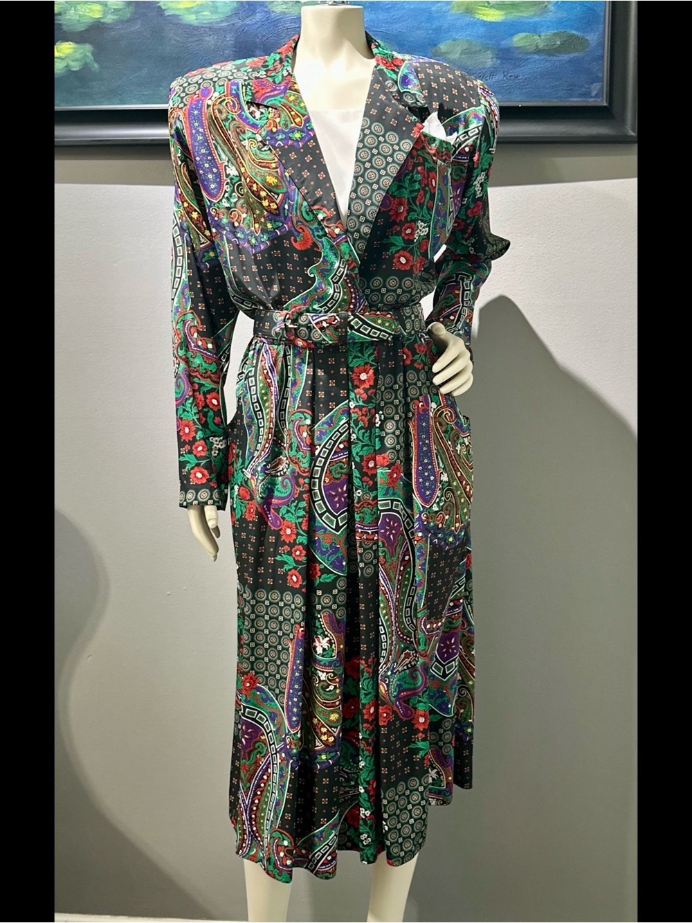Vintage Leslie Fay Black Multi Paisley Blazer Midi Dress with Belt